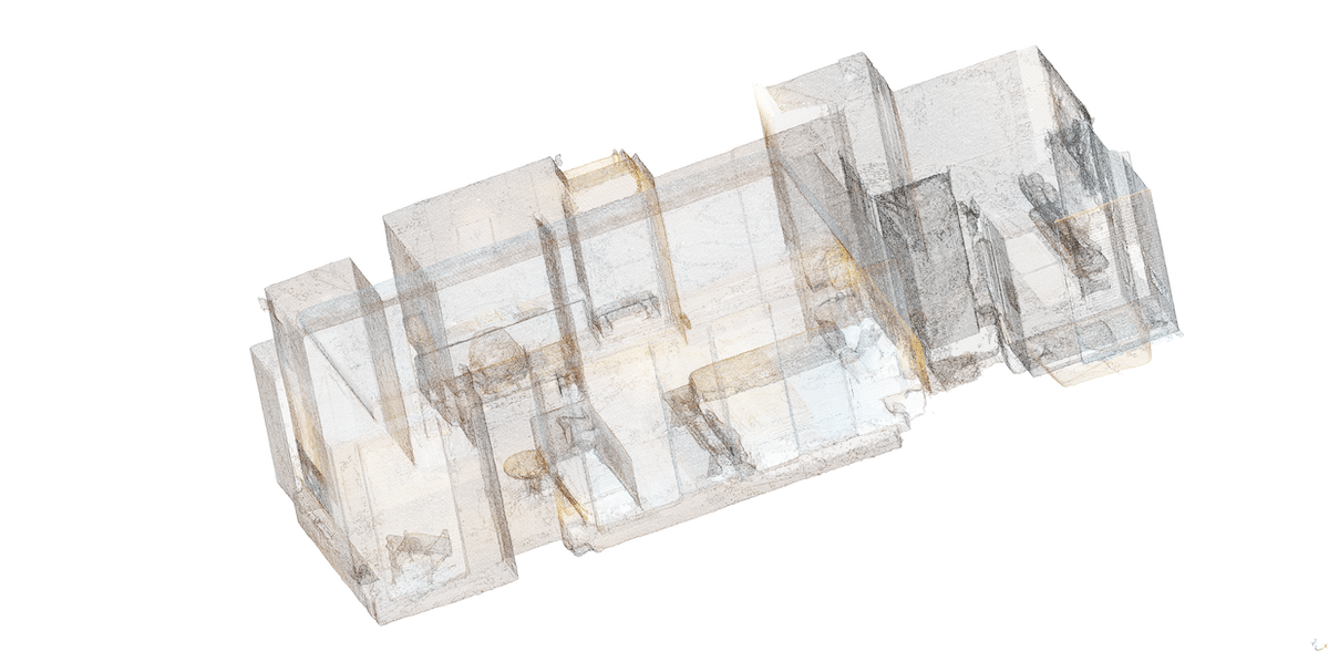 MatterPak™ point cloud výstup z 3D skenovania pre The Okura Tokyo – Double Junior Suite, určený pre architektonické a inžinierske aplikácie.